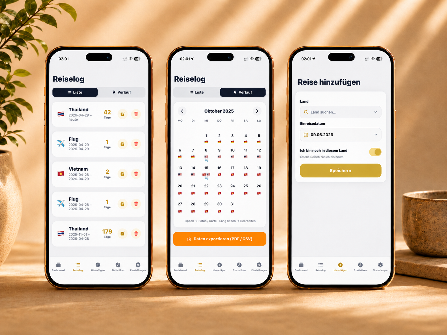 StayLimit Reiselog: Listenansicht mit Ländereinträgen und Tageszählung, Kalenderansicht Oktober 2025 mit markierten Reisetagen und Formular zum schnellen Hinzufügen einer neuen Reise