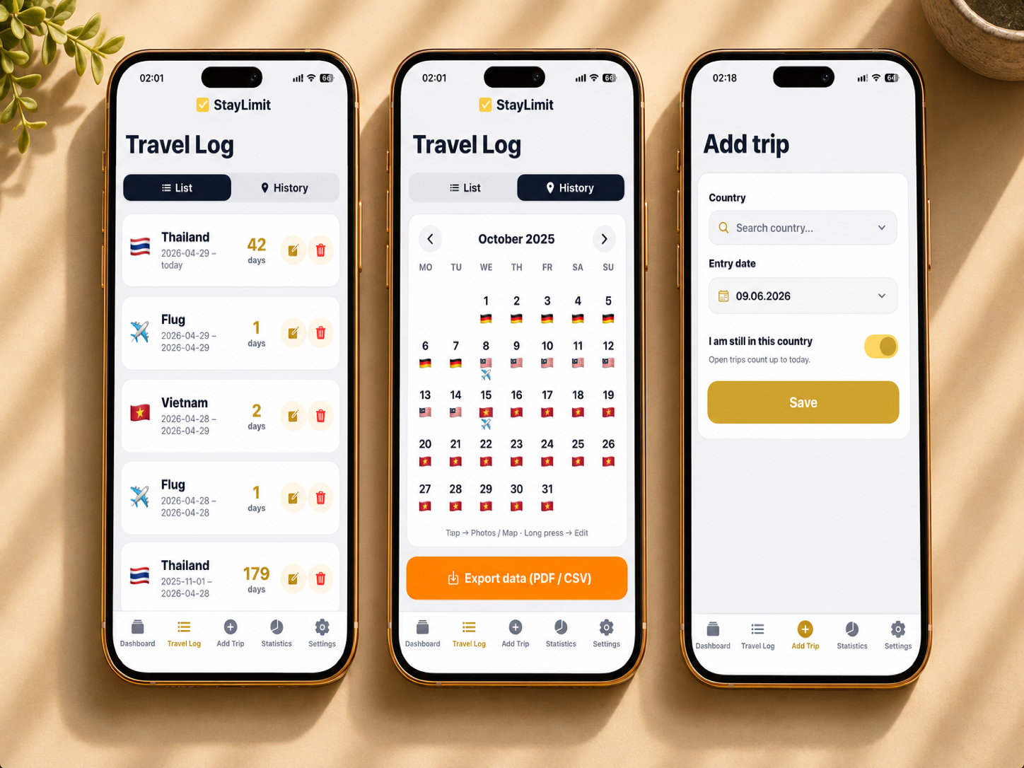 StayLimit travel log: list view with country entries and day counts, calendar view October 2025 with highlighted travel days, and a quick-add form for new trips