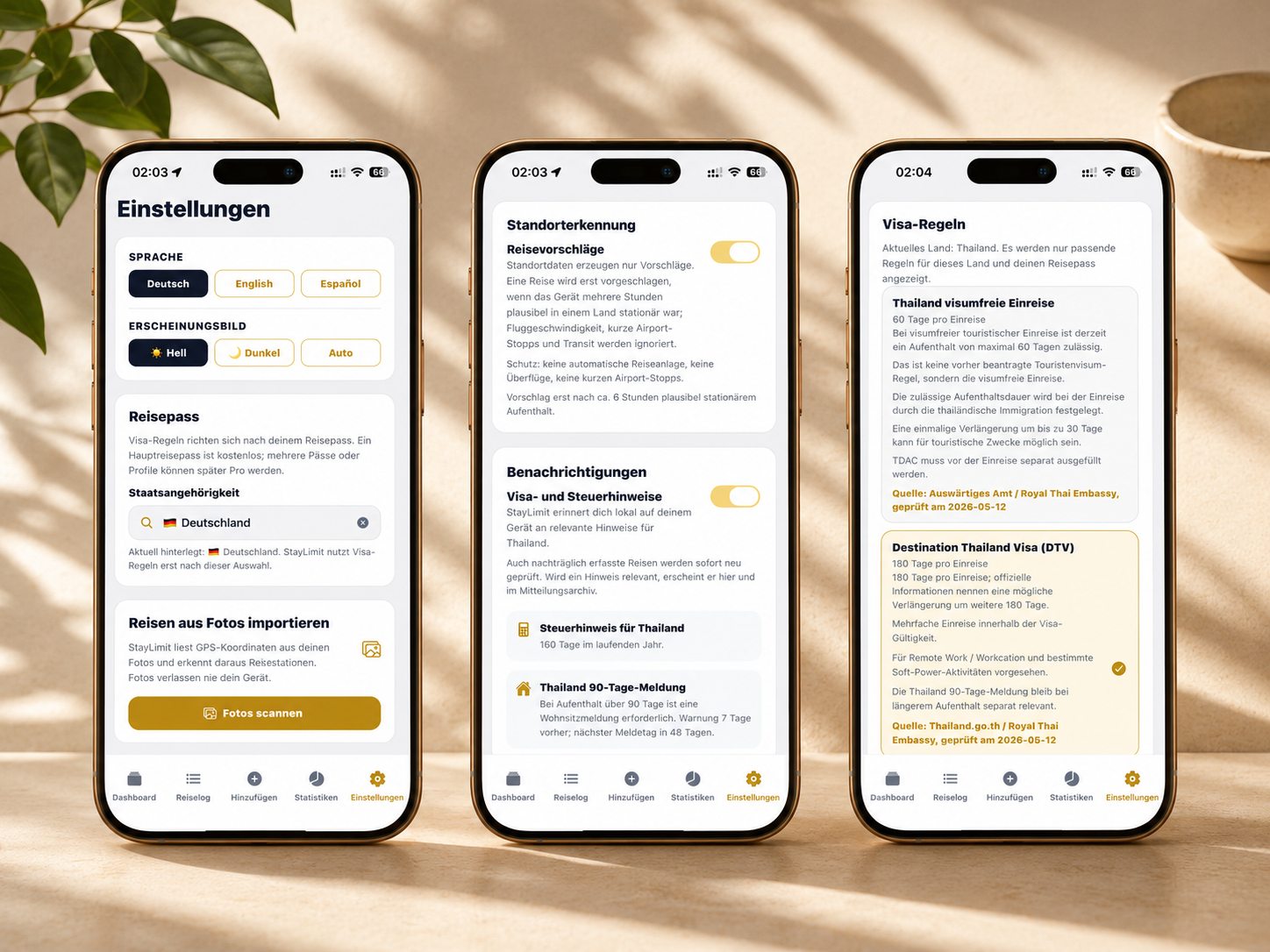 StayLimit Einstellungen: drei iPhone-Bildschirme zeigen Sprach- und Reisepass-Auswahl, Standorterkennung mit Benachrichtigungsoptionen sowie Visa-Regeln mit Hinweisen zu Thailand