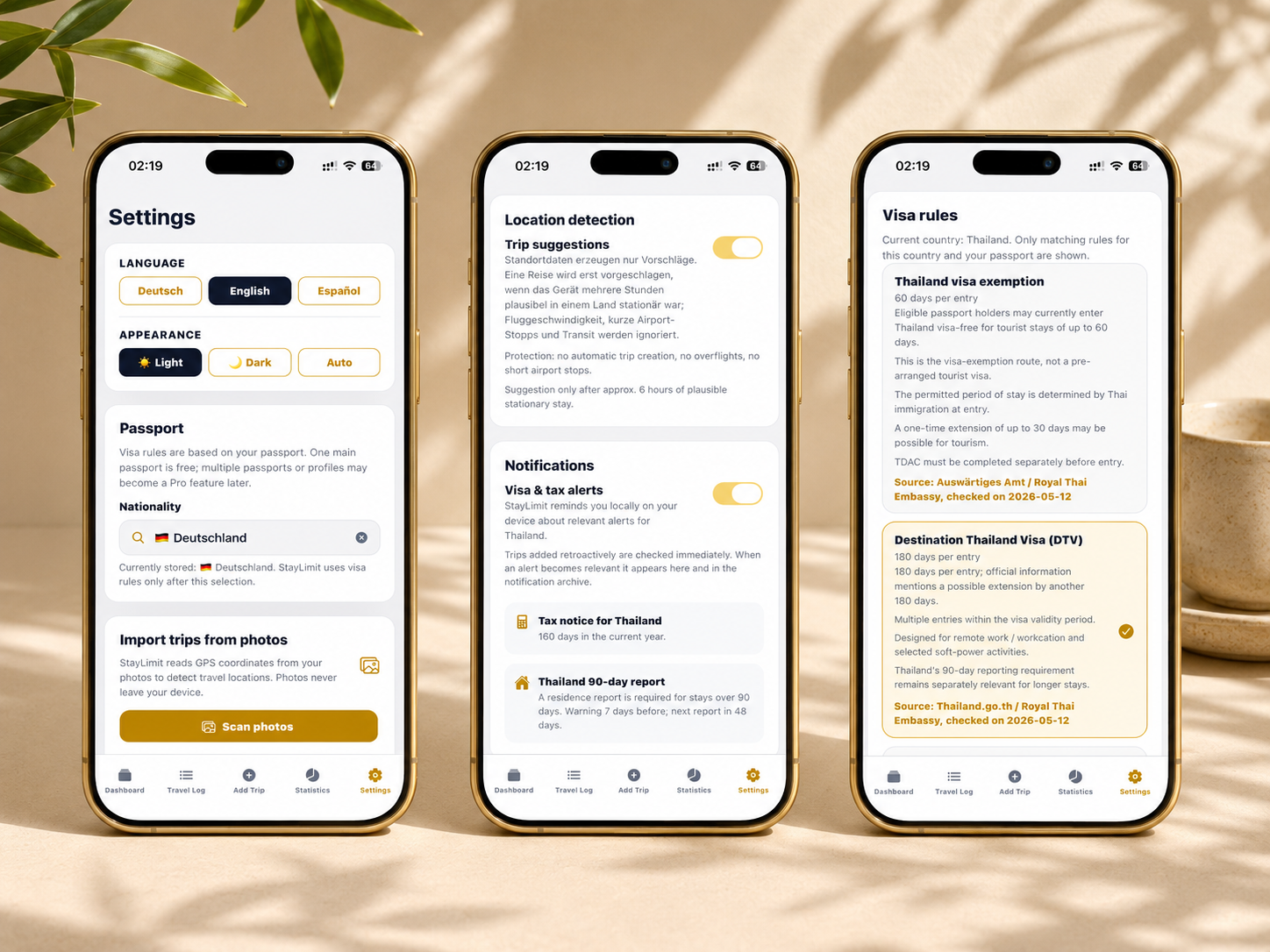StayLimit settings: three iPhone screens showing language and passport selection, location detection with notification options, and visa rules with Thailand-specific guidance