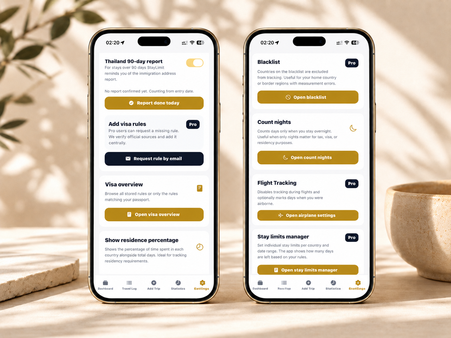 StayLimit tools: two iPhone screens showing 90-day reporting alert, visa rules request and visa overview, plus blocklist, night counting, flight tracking and stay-limit manager