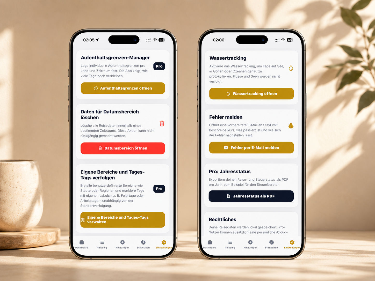 StayLimit Details: zwei iPhone-Bildschirme zeigen Aufenthaltsgrenzen-Manager, Dauerbereich sperren und Eigene Bereiche sowie Wassertracking, Fehler melden, Pro-Jahresstatus und Rechtliches