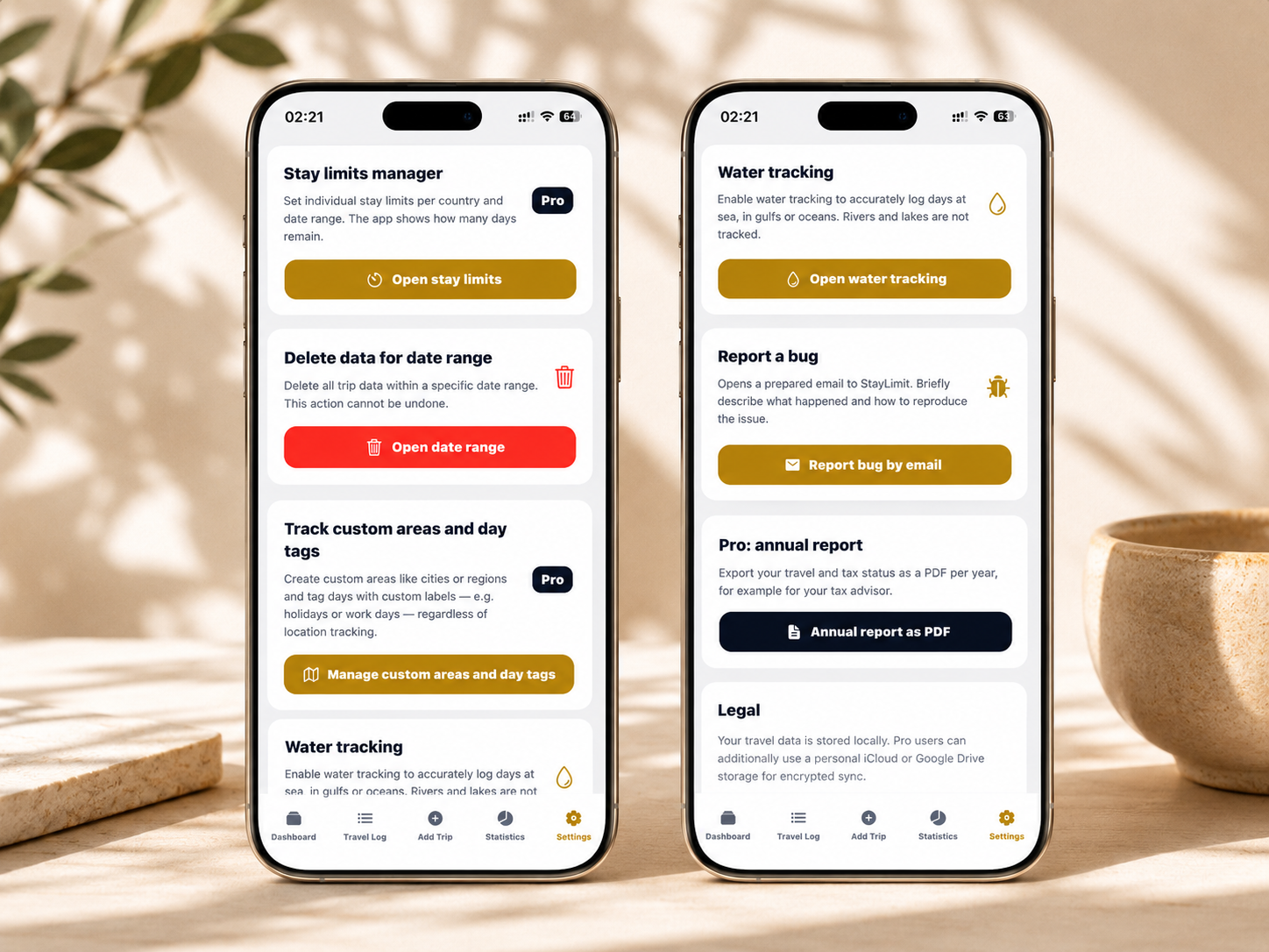 StayLimit details: two iPhone screens showing stay-limit manager, lock data range and custom zones, plus water tracking, report an issue, Pro annual status and legal information