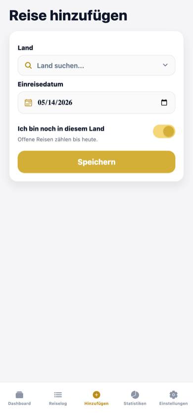 StayLimit App: Eingabemaske zum Hinzufügen einer neuen Reise mit Ländersuche, Einreisedatum 05/14/2026 und Toggle-Schalter für laufenden Aufenthalt