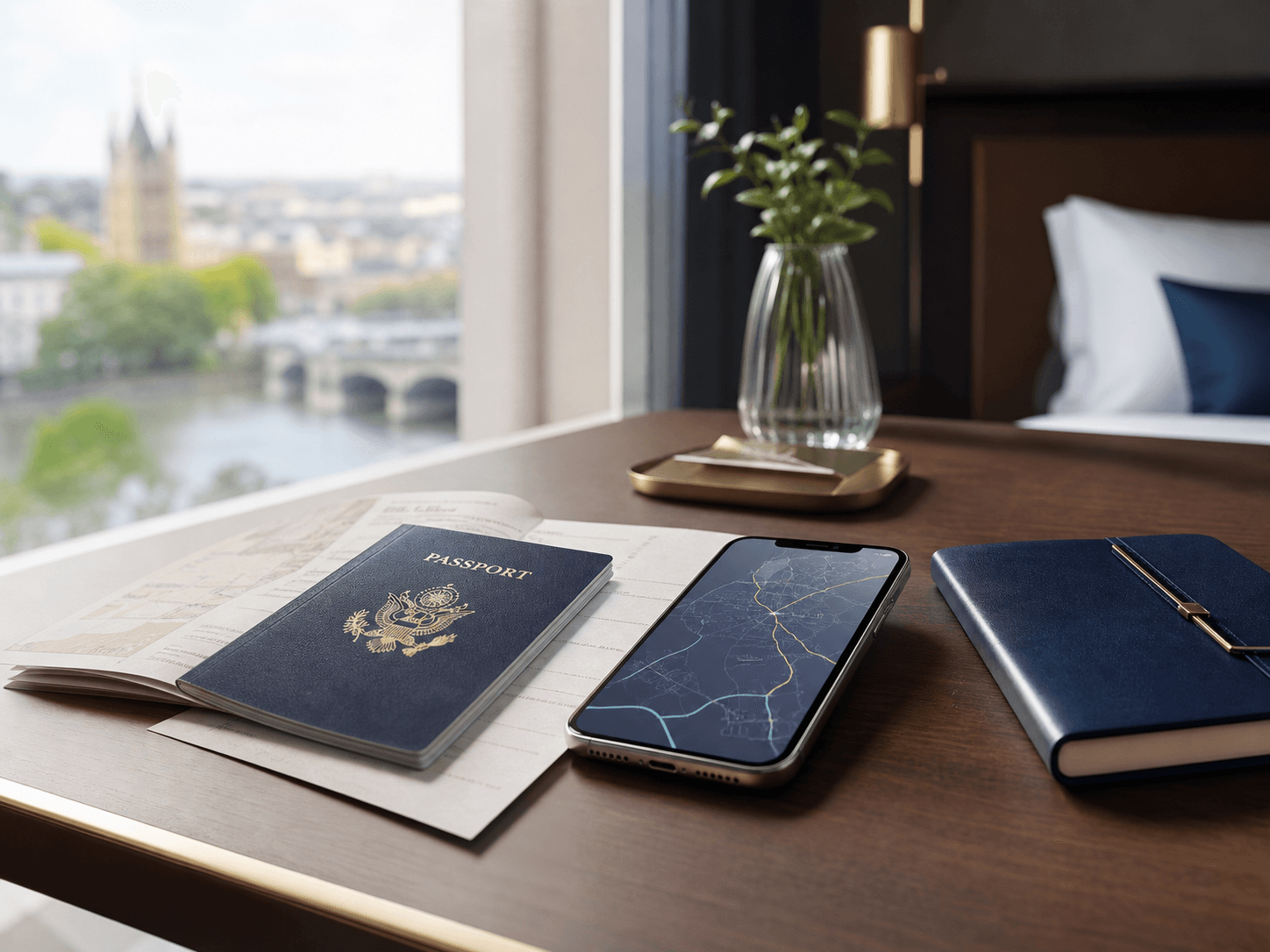 Reisende Person mit Smartphone und Blick auf eine internationale Skyline